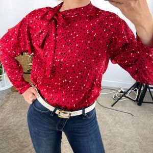 ZARA blouse red hearts turtleneck with bow stylish love valentine sexy office